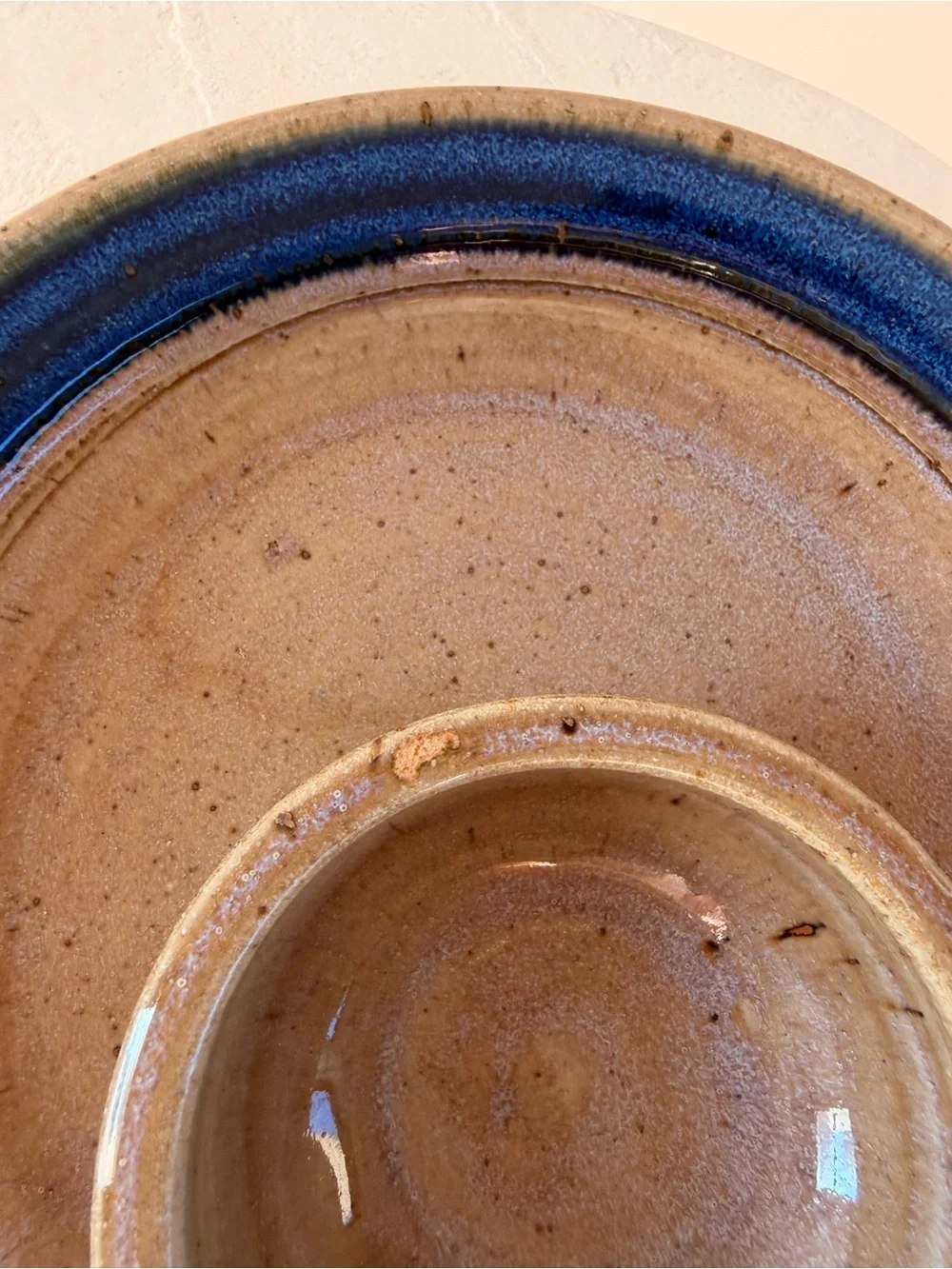 HANDMADE CERAMIC POTTERY SALSA DIP CHIPS SERVING DISH BLUE SPECKLED BROWN GLAZE